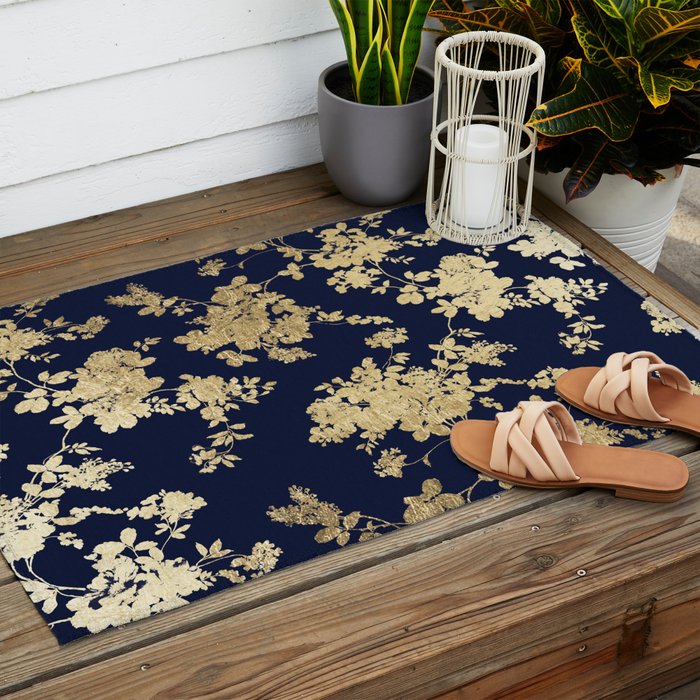 Elegant vintage navy blue faux gold flowers Outdoor Rug Gallery Image 2