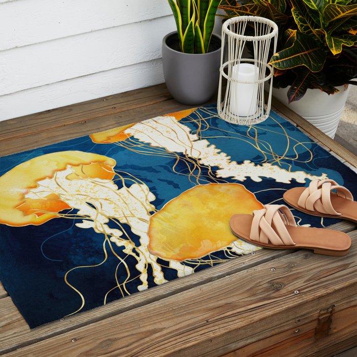 Yellow Metallic Jellyfish Outdoor Rug Gallery Image 2