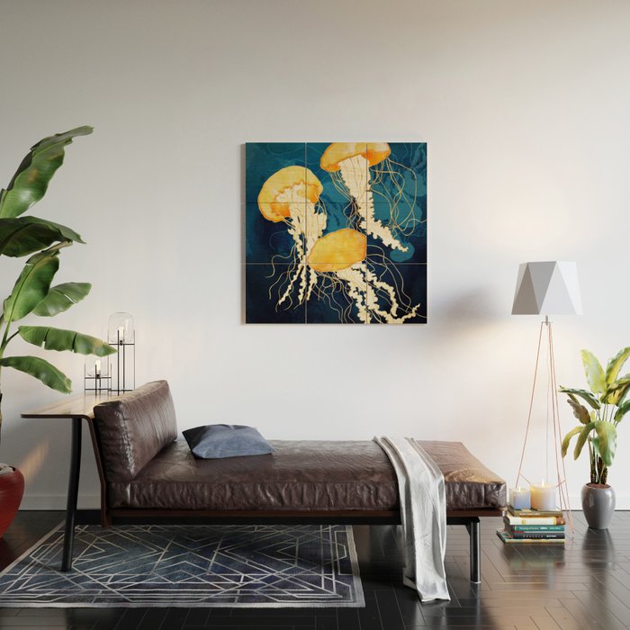 Yellow Metallic Jellyfish Wood Wall Art Gallery Image 2