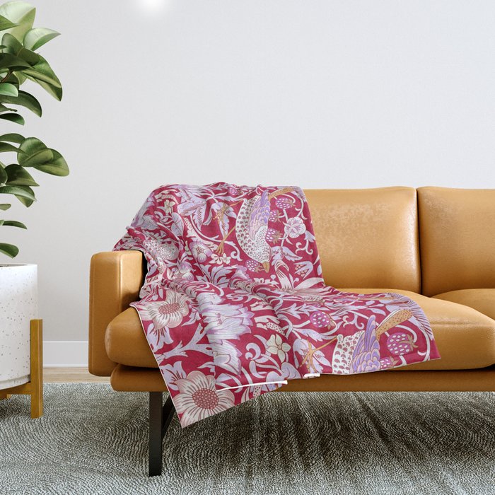William Morris Strawberry Thief Hot Fuschia Pink Throw Blanket Gallery Image 1