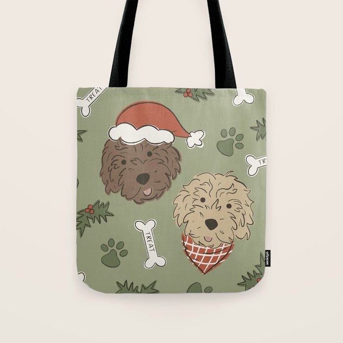 Holiday Doodle Dogs . Tan and Brown Tote Bag Gallery Image 1