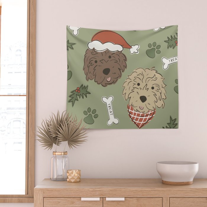 Holiday Doodle Dogs . Tan and Brown Wall Tapestry Gallery Image 2