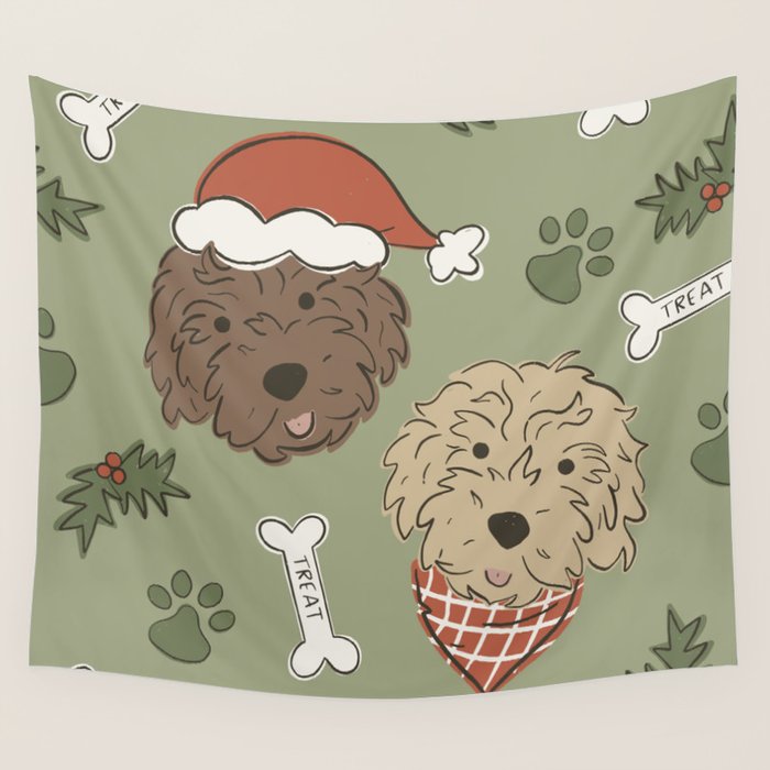 Holiday Doodle Dogs . Tan and Brown Wall Tapestry Gallery Image 1