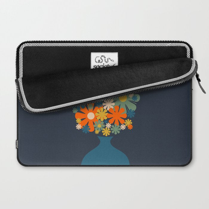 Les Fleurs Cheerful Retro Flowers in Vase Blue Laptop Sleeve Gallery Image 2