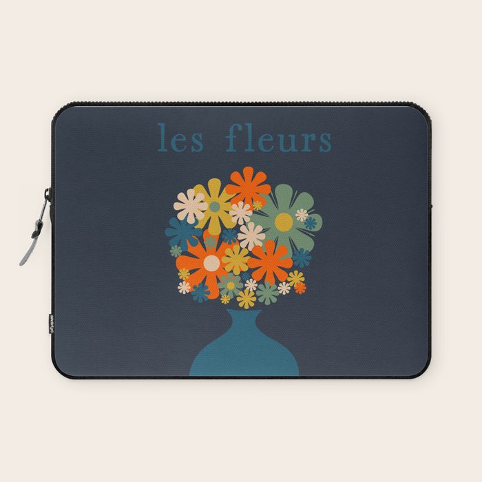Les Fleurs Cheerful Retro Flowers in Vase Blue Laptop Sleeve Gallery Image 1