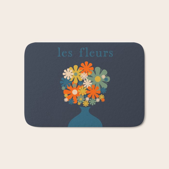 Les Fleurs Cheerful Retro Flowers in Vase Blue Bath Mat Gallery Image 1