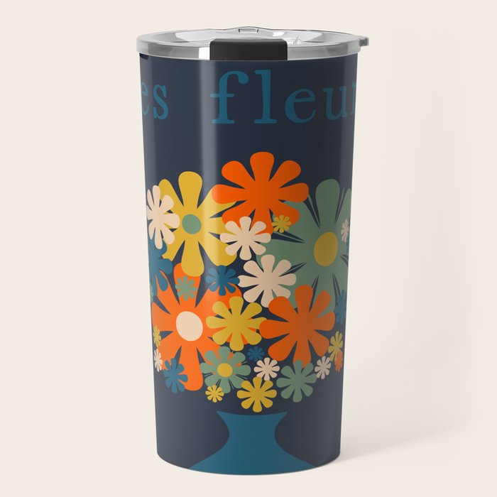 Les Fleurs Cheerful Retro Flowers in Vase Blue Travel Mug Gallery Image 1