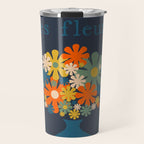 Les Fleurs Cheerful Retro Flowers in Vase Blue Travel Mug Gallery Image 1