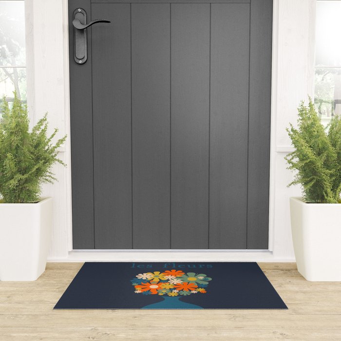 Les Fleurs Cheerful Retro Flowers in Vase Blue Welcome Mat Gallery Image 3