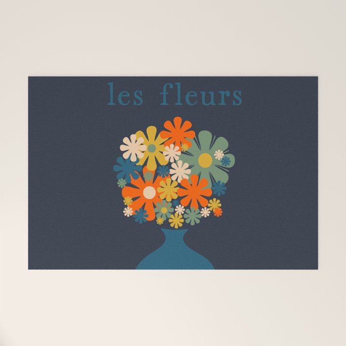 Les Fleurs Cheerful Retro Flowers in Vase Blue Welcome Mat Gallery Image 1