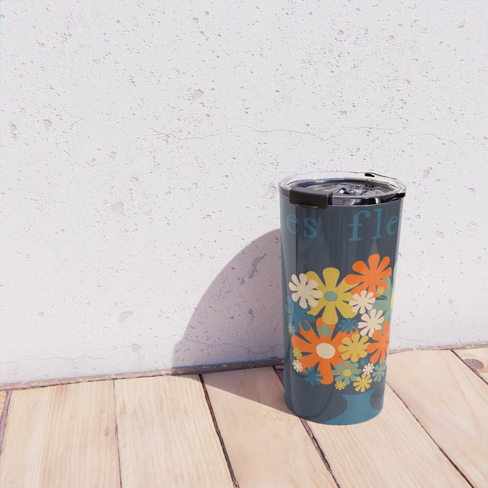 Les Fleurs Cheerful Retro Flowers in Vase Blue Travel Mug Gallery Image 4