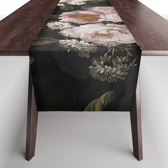 Antique Botanical Roses And  Chamomile Midnight Garden Table Runner