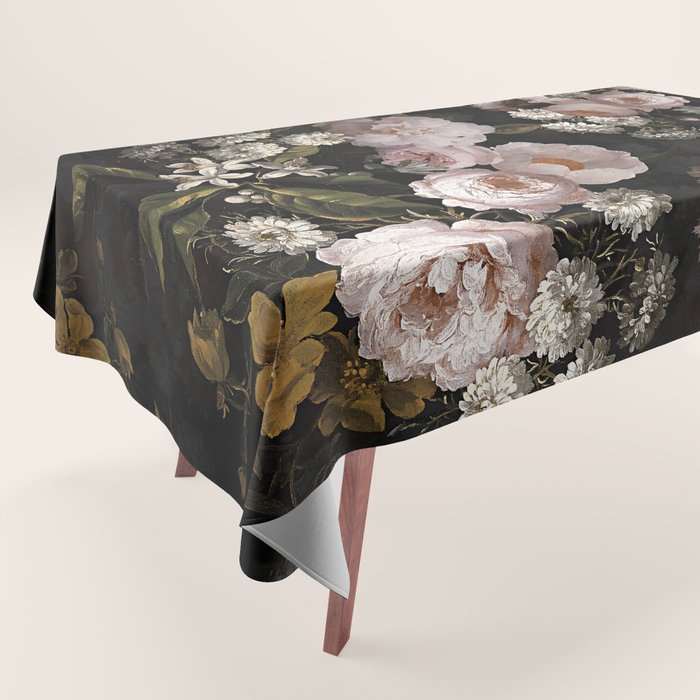 Antique Botanical Roses And  Chamomile Midnight Garden Tablecloth Gallery Image 1