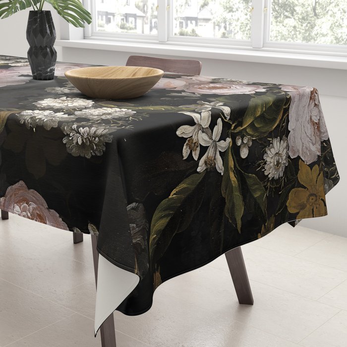 Antique Botanical Roses And  Chamomile Midnight Garden Tablecloth Gallery Image 3