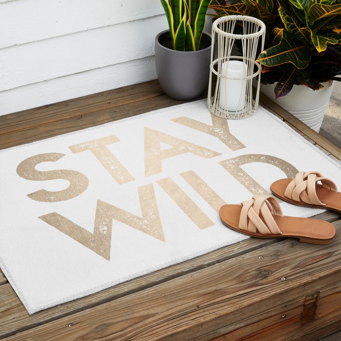 Stay Wild White Gold Quote Outdoor Rug Gallery Image 2