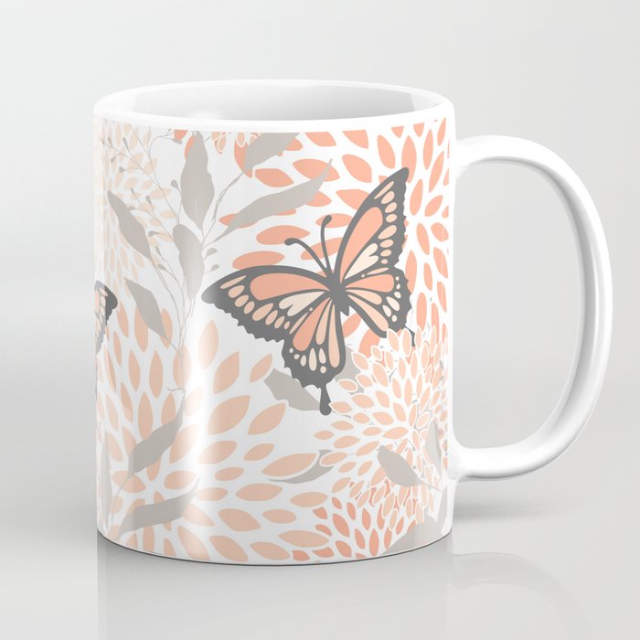 Floral and Butterflies Print, Gray, Coral, Peach Coffee Mug Gallery Image 1