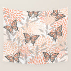 Floral and Butterflies Print, Gray, Coral, Peach Wall Tapestry Gallery Image 4