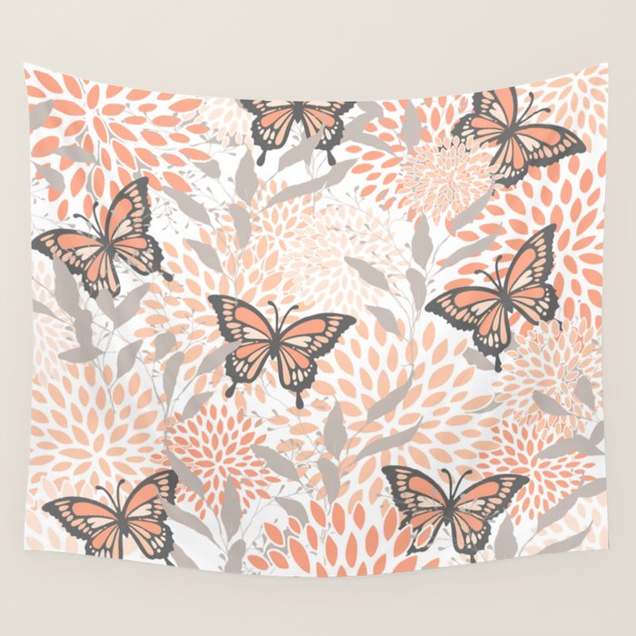 Floral and Butterflies Print, Gray, Coral, Peach Wall Tapestry Gallery Image 4