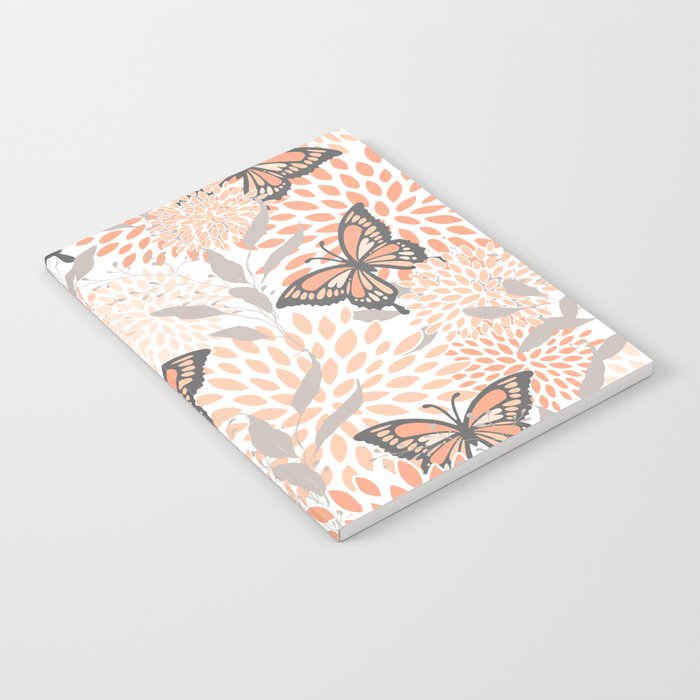 Floral and Butterflies Print, Gray, Coral, Peach Notebook Gallery Image 2