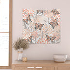 Floral and Butterflies Print, Gray, Coral, Peach Wall Tapestry Gallery Image 2