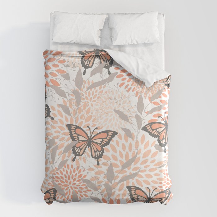 Floral and Butterflies Print, Gray, Coral, Peach Duvet Cover Gallery Image 6
