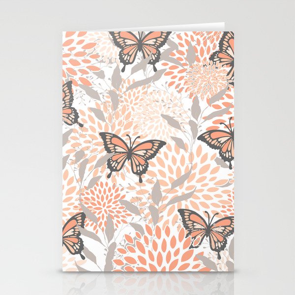 Floral and Butterflies Print, Gray, Coral, Peach Stationery Card Gallery Image 2