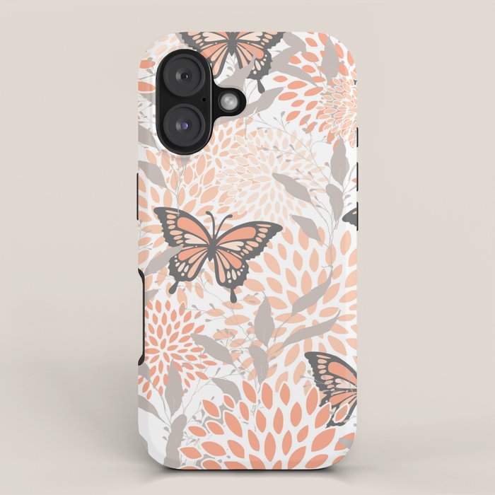 Floral and Butterflies Print, Gray, Coral, Peach iPhone Case Gallery Image 1