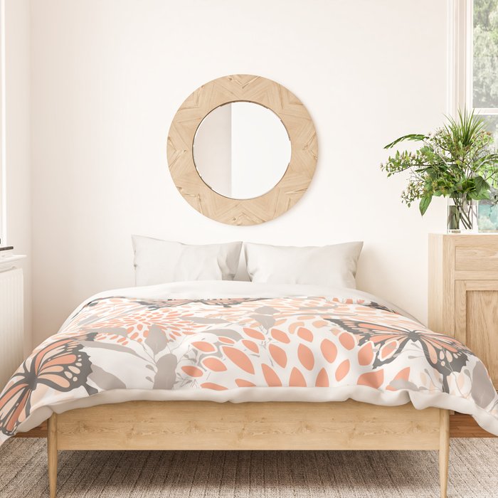 Floral and Butterflies Print, Gray, Coral, Peach Duvet Cover Gallery Image 3