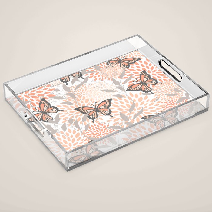 Floral and Butterflies Print, Gray, Coral, Peach Acrylic Tray Gallery Image 1