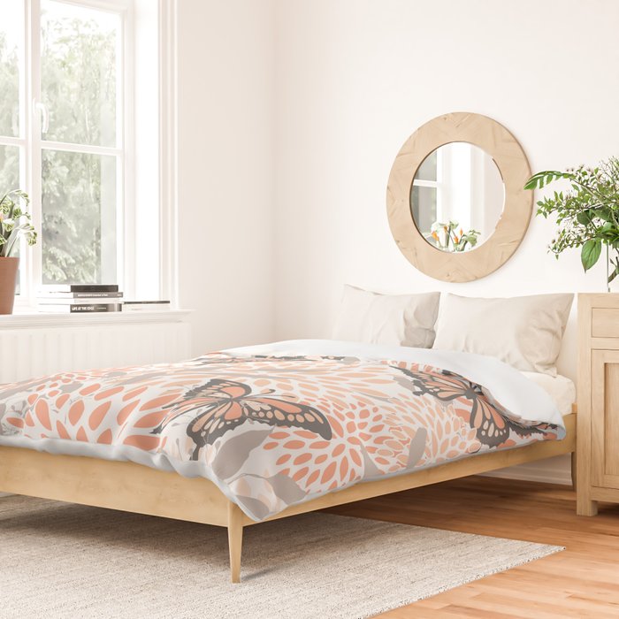 Floral and Butterflies Print, Gray, Coral, Peach Duvet Cover Gallery Image 2