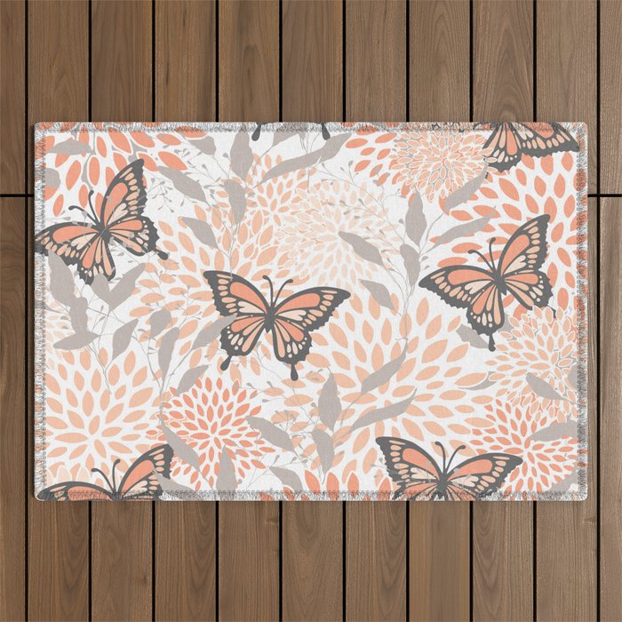 Floral and Butterflies Print, Gray, Coral, Peach Outdoor Rug Gallery Image 1