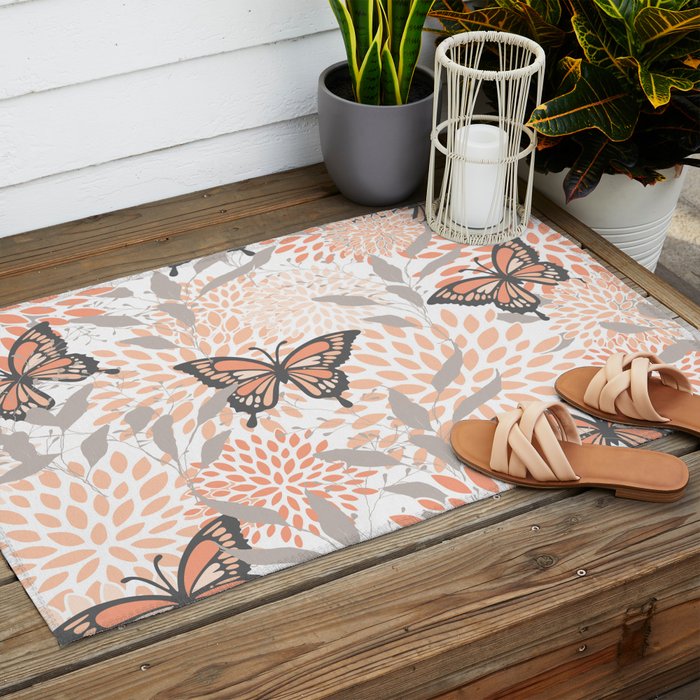 Floral and Butterflies Print, Gray, Coral, Peach Outdoor Rug Gallery Image 2