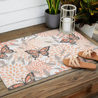 Floral and Butterflies Print, Gray, Coral, Peach Outdoor Rug Gallery Image 2