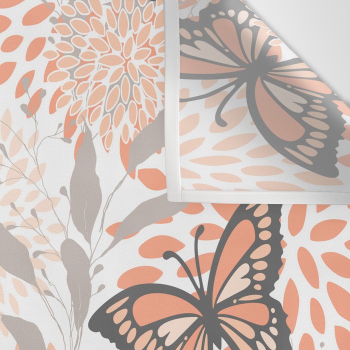 Floral and Butterflies Print, Gray, Coral, Peach Wall Tapestry Gallery Image 3