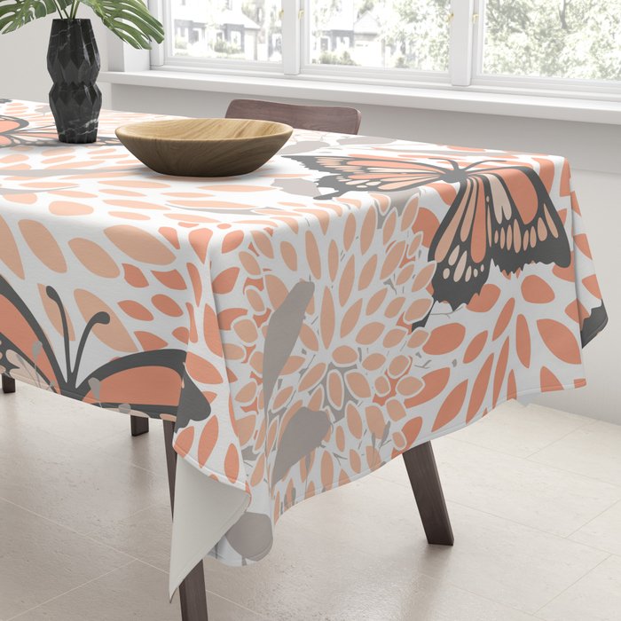 Floral and Butterflies Print, Gray, Coral, Peach Tablecloth Gallery Image 3