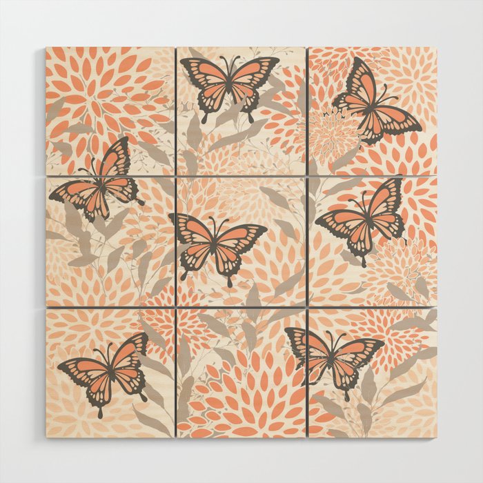 Floral and Butterflies Print, Gray, Coral, Peach Wood Wall Art Gallery Image 1