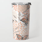 Floral and Butterflies Print, Gray, Coral, Peach Travel Mug Gallery Image 2