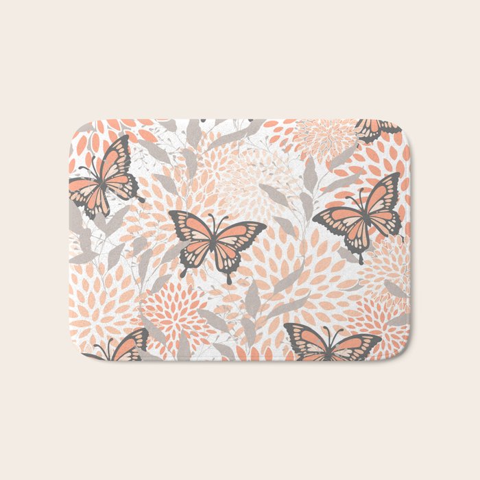 Floral and Butterflies Print, Gray, Coral, Peach Bath Mat Gallery Image 1