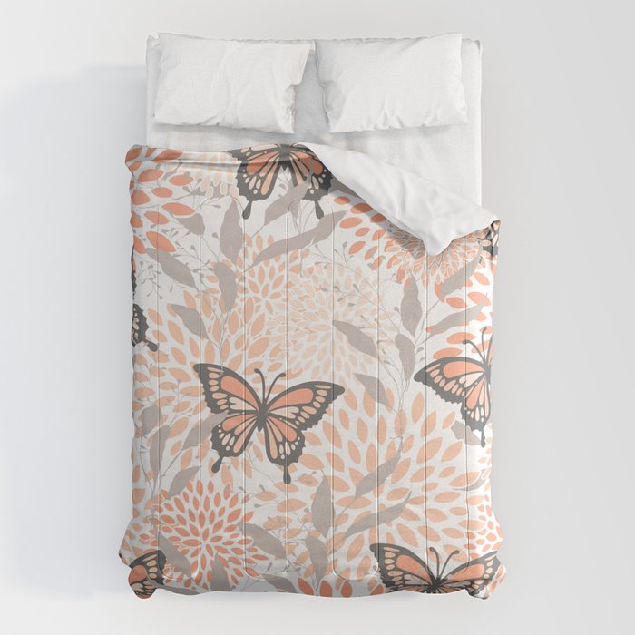 Floral and Butterflies Print, Gray, Coral, Peach Comforter Gallery Image 6