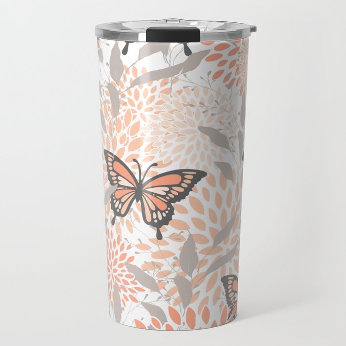 Floral and Butterflies Print, Gray, Coral, Peach Travel Mug Gallery Image 1