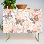 Floral and Butterflies Print, Gray, Coral, Peach Credenza Gallery Image 1