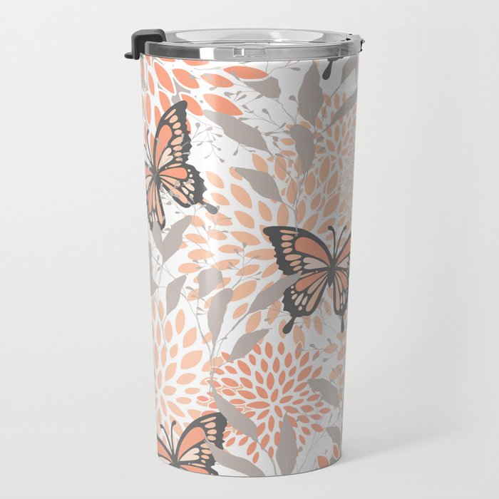 Floral and Butterflies Print, Gray, Coral, Peach Travel Mug Gallery Image 3