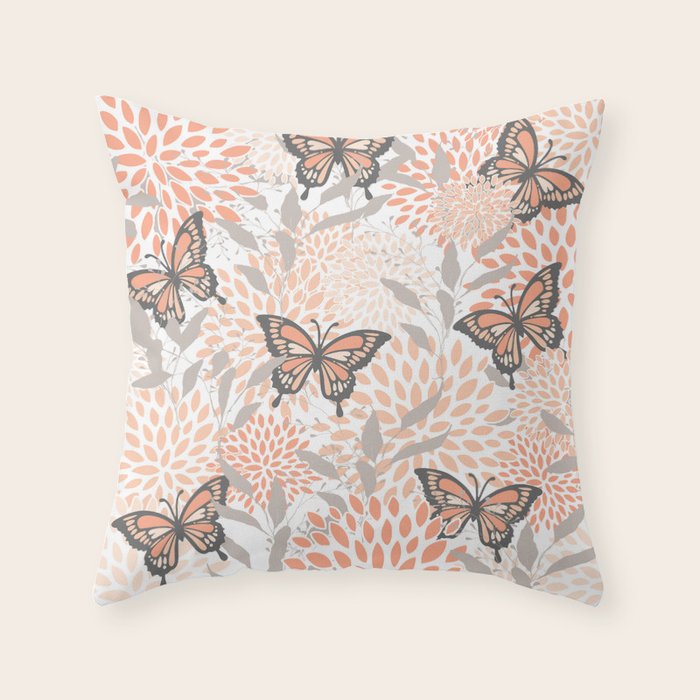 Floral and Butterflies Print, Gray, Coral, Peach Throw Pillow Gallery Image 6