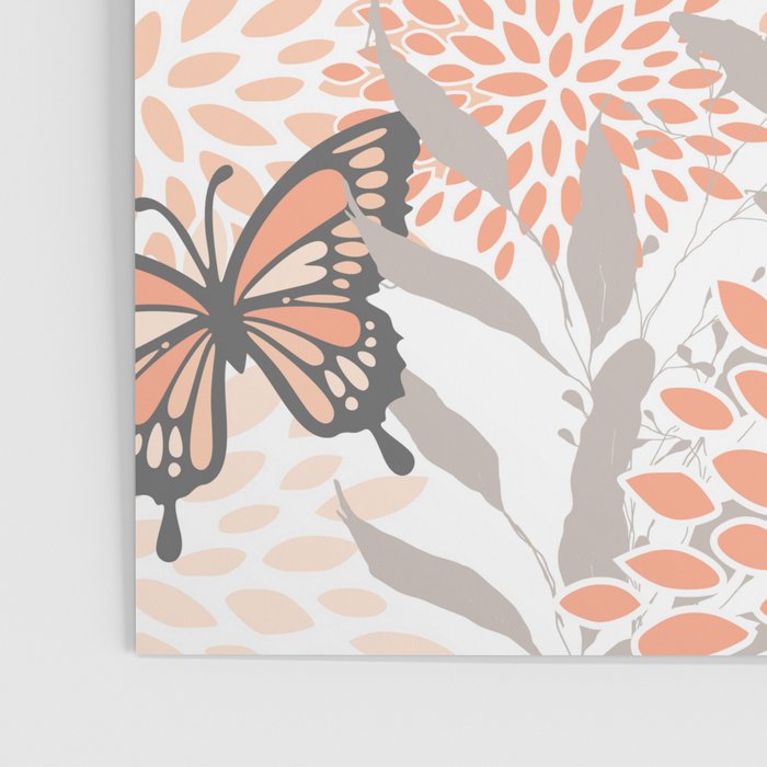 Floral and Butterflies Print, Gray, Coral, Peach Poster Gallery Image 3