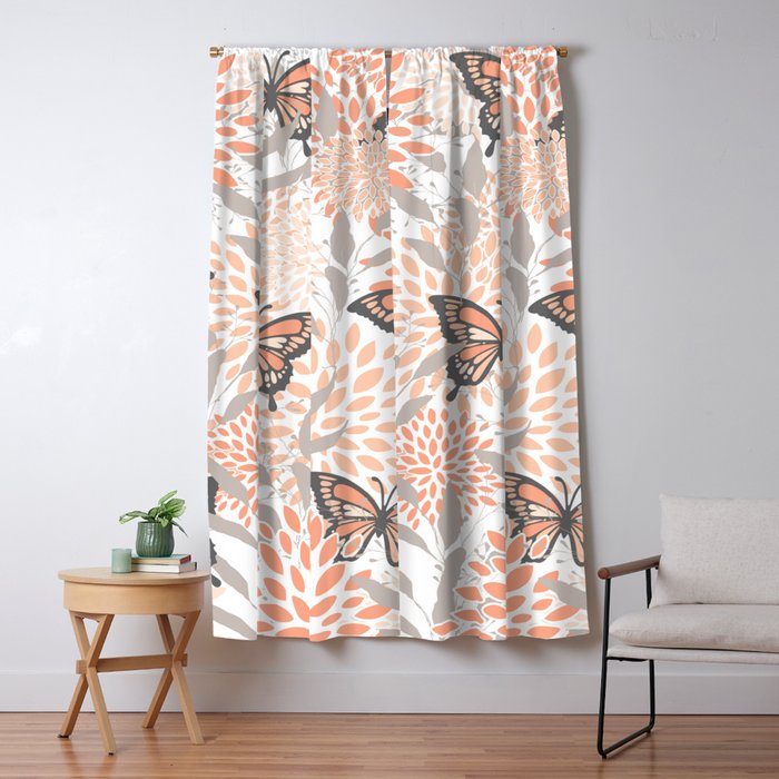 Floral and Butterflies Print, Gray, Coral, Peach Window Curtain Gallery Image 5