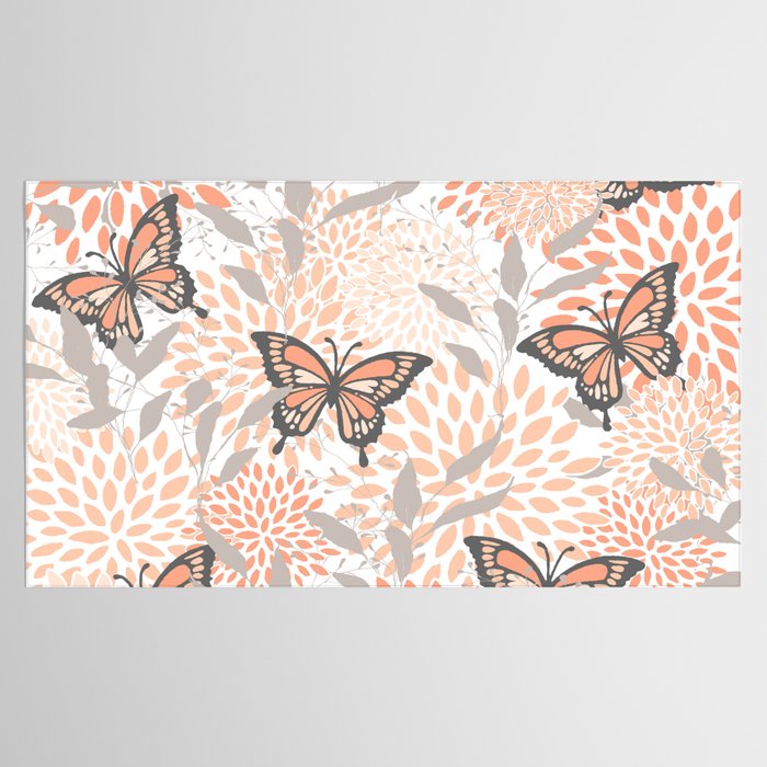 Floral and Butterflies Print, Gray, Coral, Peach Tablecloth Gallery Image 2
