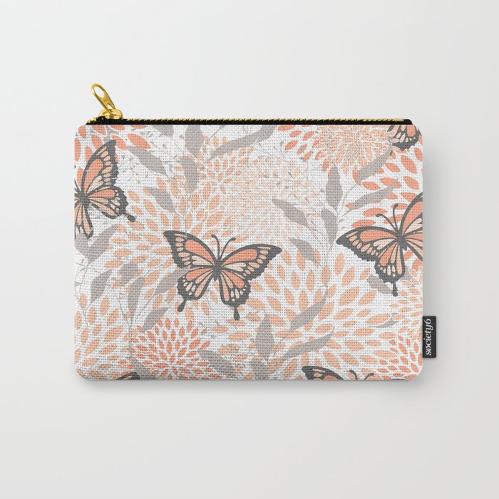 Floral and Butterflies Print, Gray, Coral, Peach Carry All Pouch Gallery Image 1