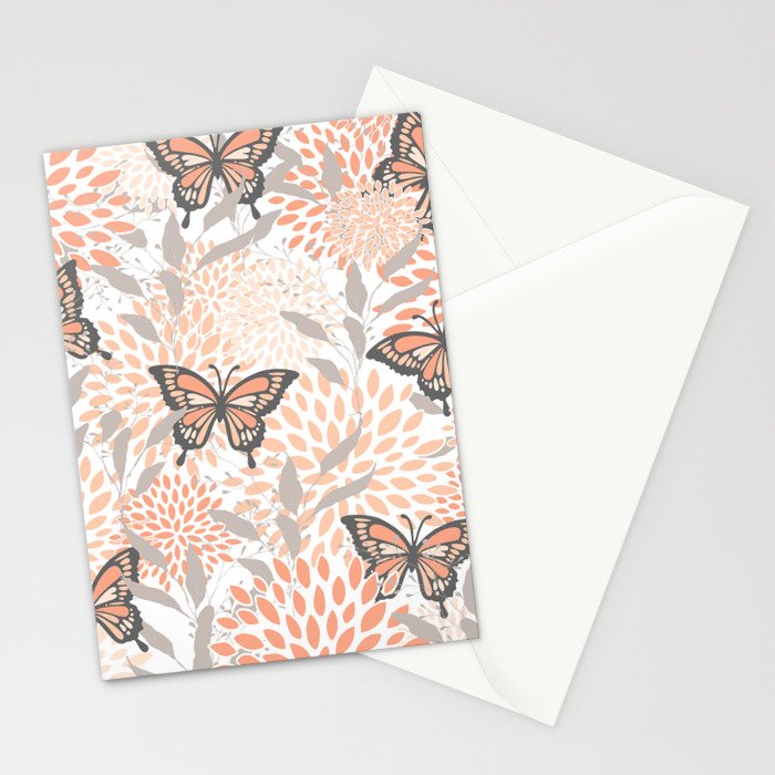 Floral and Butterflies Print, Gray, Coral, Peach Stationery Card Gallery Image 2