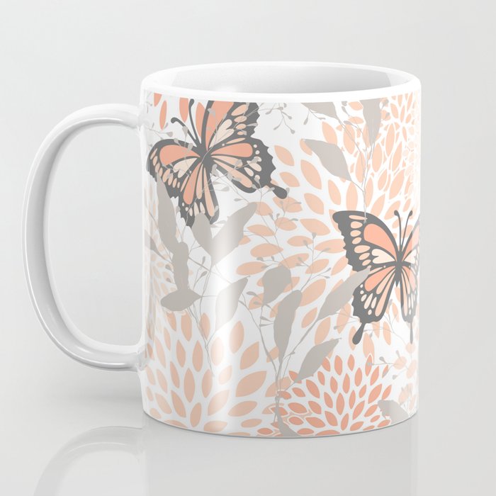 Floral and Butterflies Print, Gray, Coral, Peach Coffee Mug Gallery Image 3