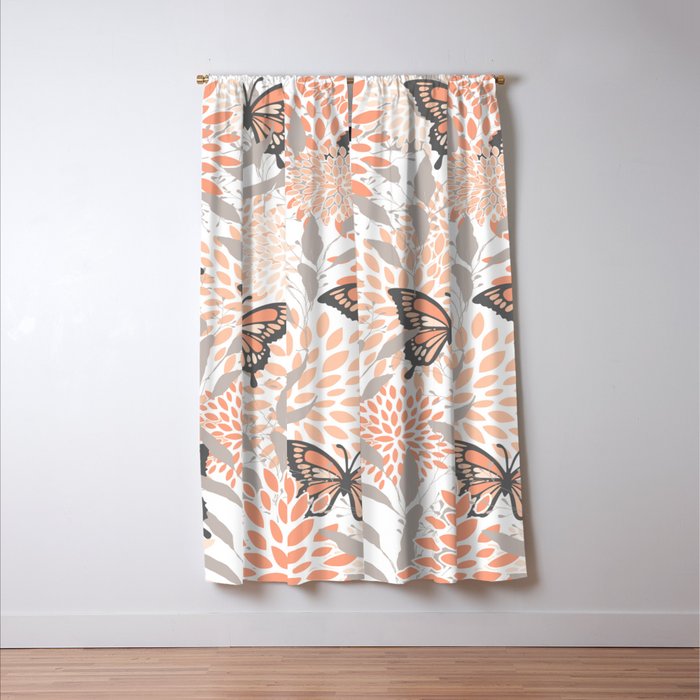 Floral and Butterflies Print, Gray, Coral, Peach Window Curtain Gallery Image 3